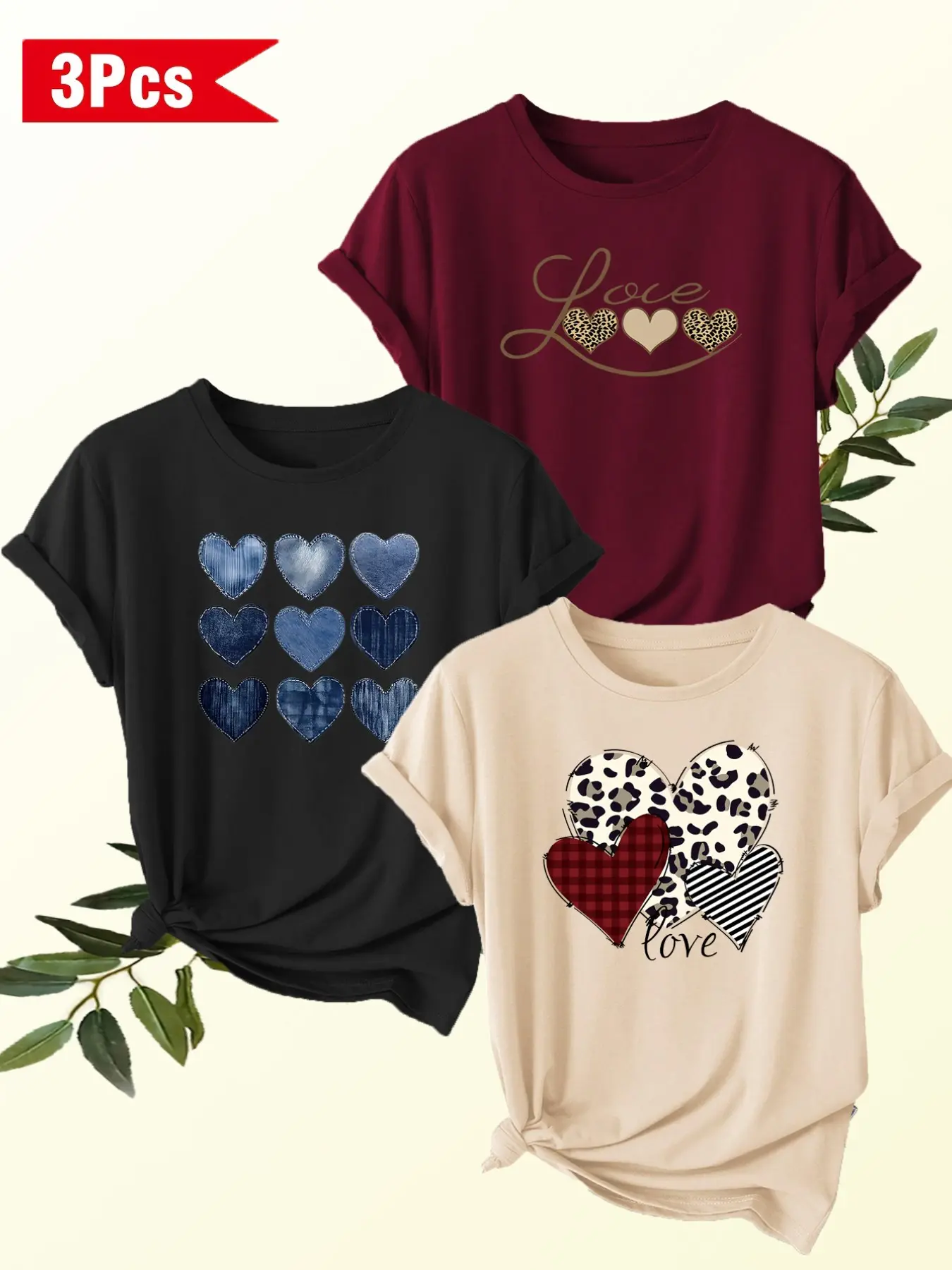 Women's 3-Pack Round Neck Short Sleeve T-Shirts, Heart and Love Print, Casual Breathable Fabric Top, All Seasons, Womenswear