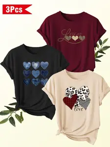 Women's 3-Pack Round Neck Short Sleeve T-Shirts, Heart and Love Print, Casual Breathable Fabric Top, All Seasons, Womenswear