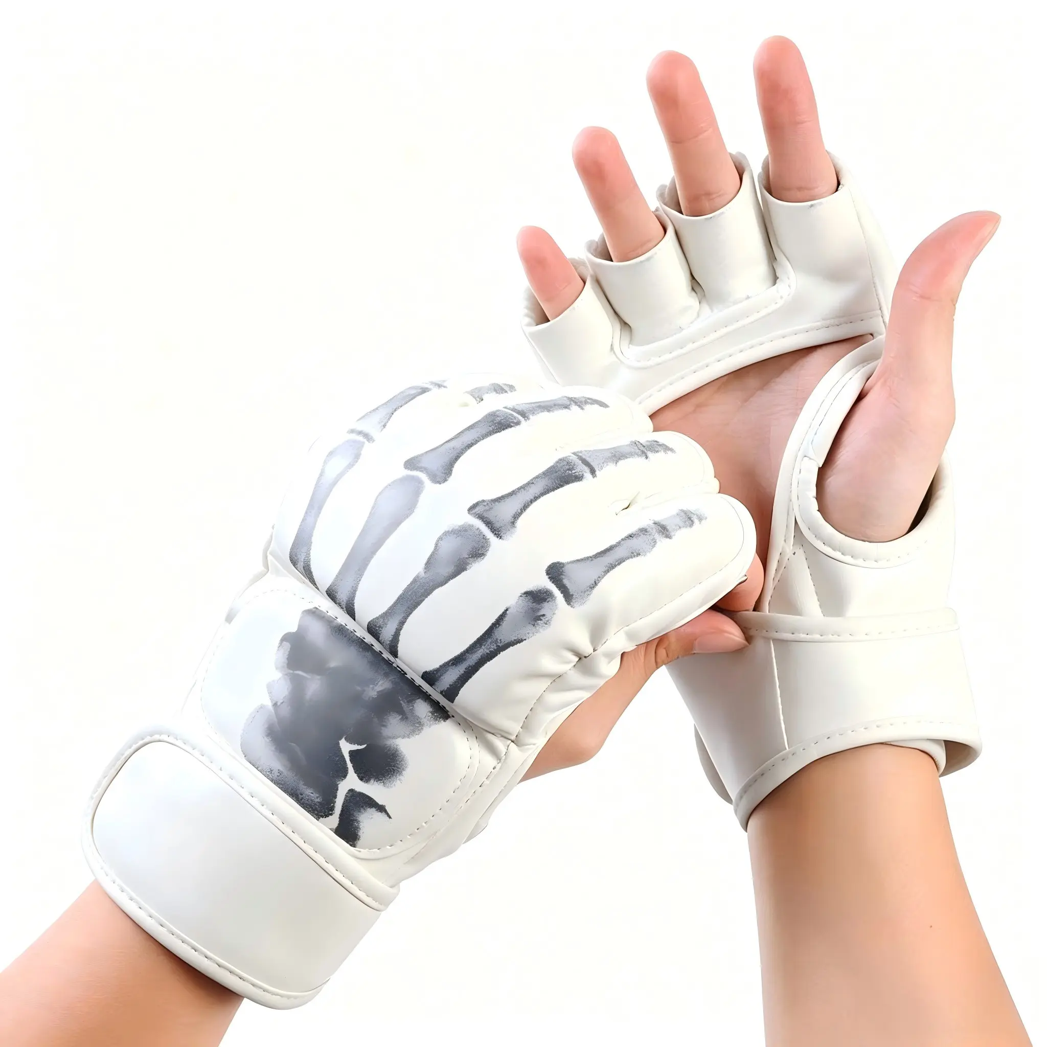 Skull Pattern Open Finger Boxing Gloves, Thick Shock Absorbent Protective Half Finger Sparring Gloves, Boxing Equipment, Sparring Gear For Muay Thai, Kickboxing & Heavy Bag Fighting Training