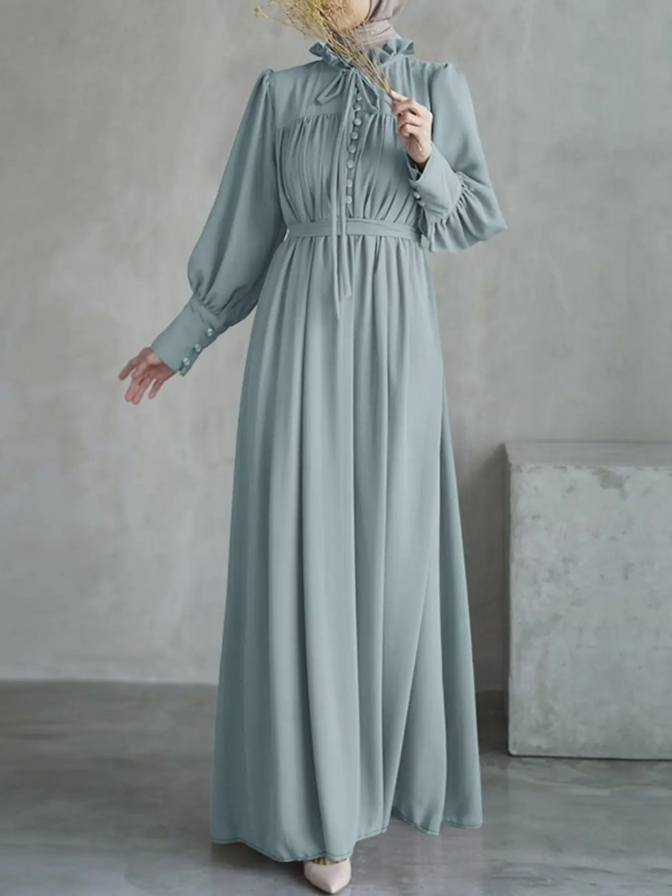 Women's Commuter Street Fashion Long Sleeve Lantern Sleeves Wooden Trim Belted Palace Style Dress, Elegant Office Wear, Casual Chic, Classy Modest Fashionable Solid Color Dresses