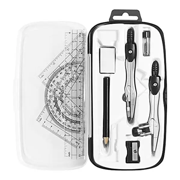 Unjoo Math Geometry Kit Sets 10 Piece Student Supplies, Compass Set, Black | Shatterproof Storage Box,Rulers,Protractor,Compass,Eraser,Pencil Sharpener,Lead Refills,for Classroom