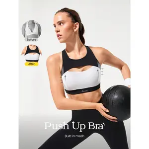 GLOWMODE FeatherFit™-Sculpt Push-Up Mesh Semi-Integrated Cups Color Block Trim Neck Cutout Crossover Straps Sports Bra Medium Impact Yoga Studio Workout Gym Training Active