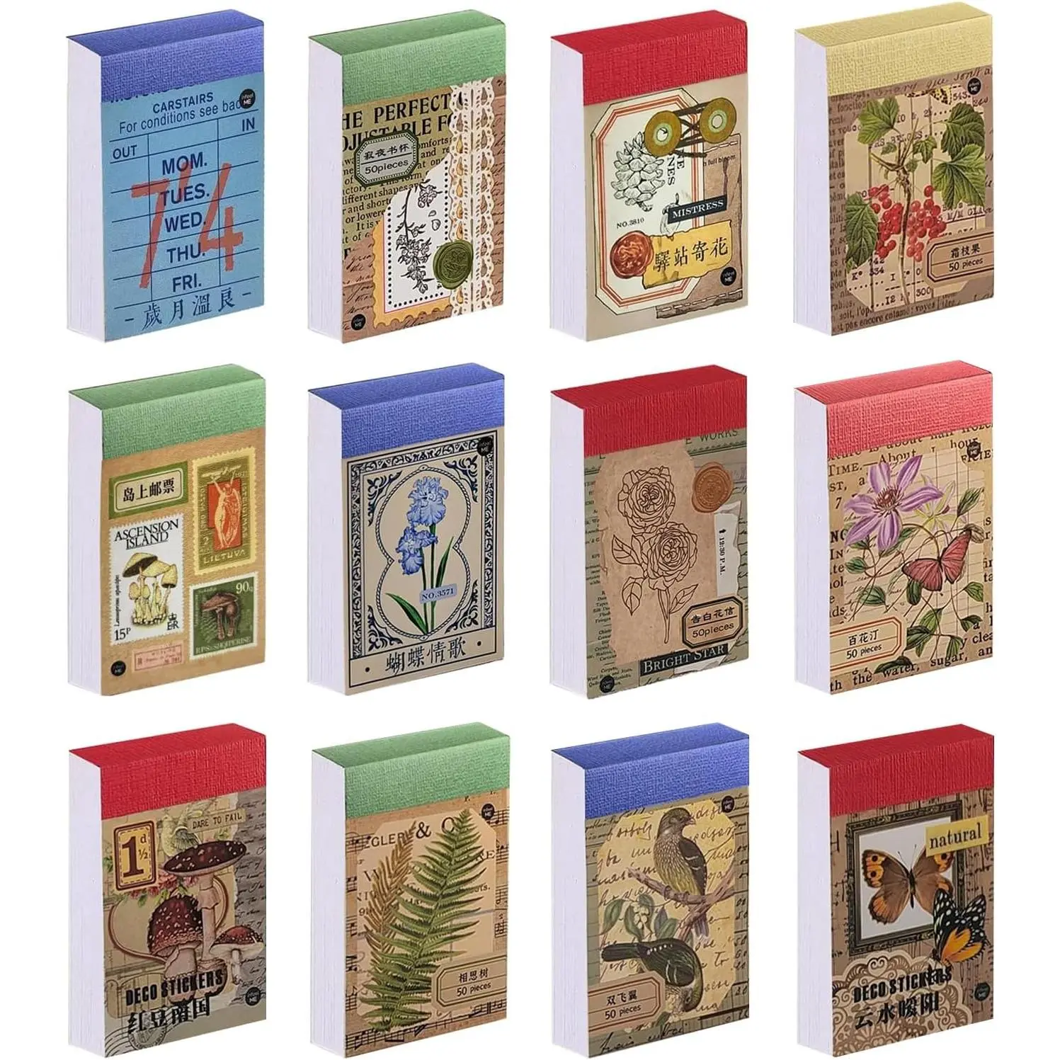 PRSTINCOL Writable Decorative Sticker Packs Crafting Kit - 12 Sets, 600 Pcs Total Vintage Floral, Cozy Scenes, Retro Objects Embellishments with Layered Textures, Pre-Cut Stickers Speed Up Crafting for Scrapbooking