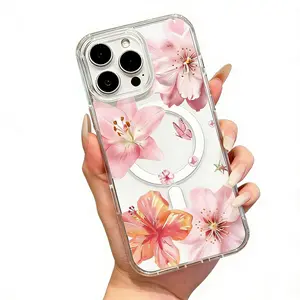 Magnetic Soft Case for iPhone11/12/13/14/15/16/17 Pro Max, Pink Flowers MagSafe Compatible, transparent phonecase stuff,Aesthetic Pattern Design,cutephonecases  iPhone Case