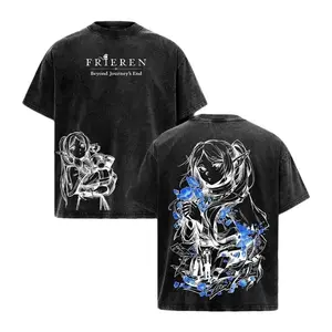 Frieren Beyond Journey's End Anime Graphic Tee Vintage Acid Wash Oversized T-Shirt Unisex Streetwear Manga Clothing Japanese Elf Mage Apparel Cute Y2K Fantasy Top For Men Women Casual Gamer Gift Aesthetic Retro Shirt Trendy Cosplay Anime Merch