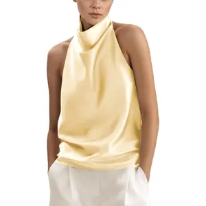 Women's Silk Satin Draped Front Backless Halter Tank Tops, Sleeveless Silky Camisoles for Summer Casual Outfits, Versatile with Pants, Skirt, Necklace, Blazer, Premium Fabric