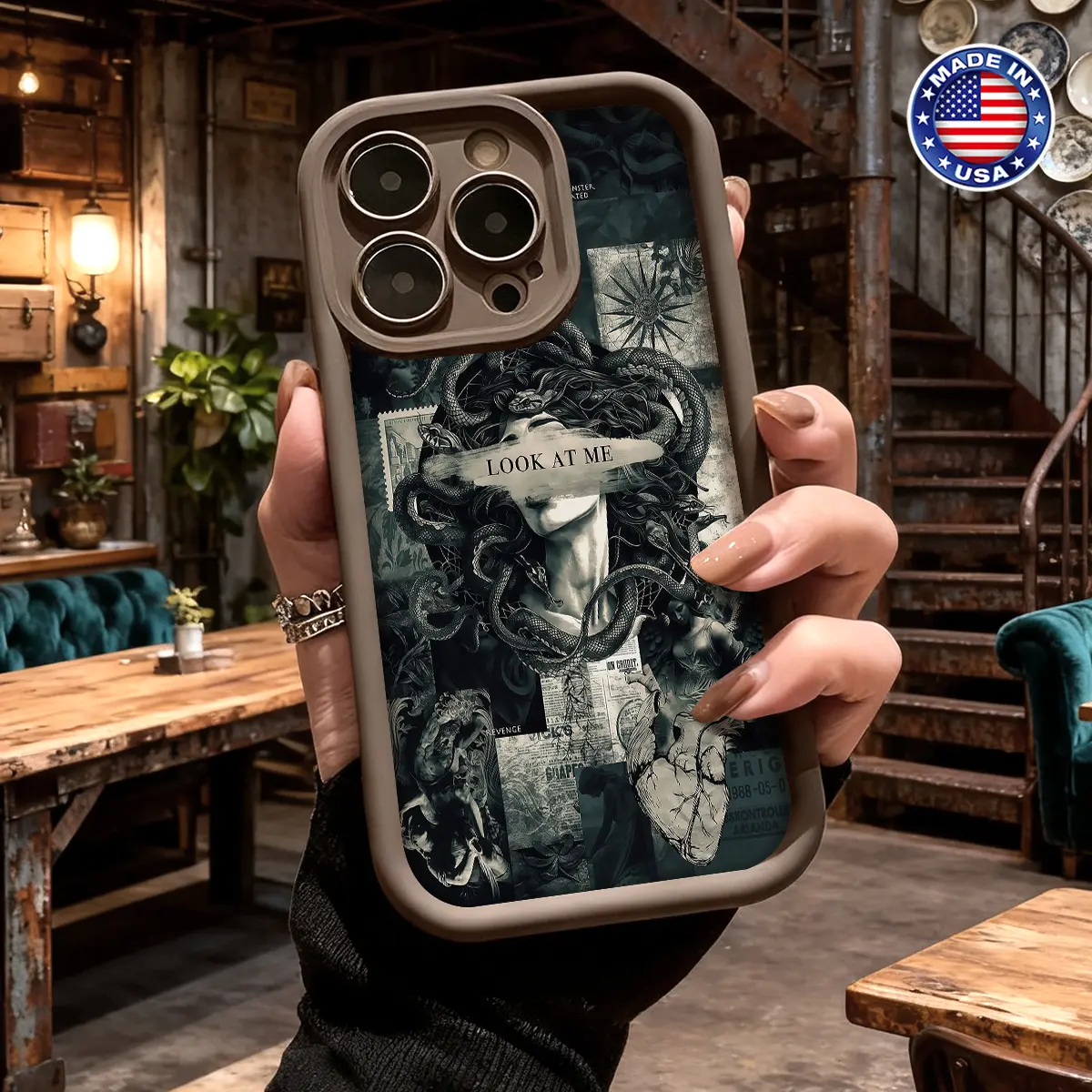 Cool Gothic Medusa Snake Collage Pattern Smartphone Case, Slim Shockproof Anti-Drop Durable TPU Cover for iPhone 17 16 15 14 Pro Max 13 12 11 XR XS Plus Air, Handheld Cellphone Devices Accessories