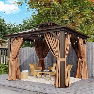 Aoxun Hardtop Gazebo, Aluminum Frame Permanent Pavilion with Curtains and Netting, Outdoor Polycarbonate Gazebo, Double Roof Canopy, for Gardens, Patios, Lawns,(brown)
