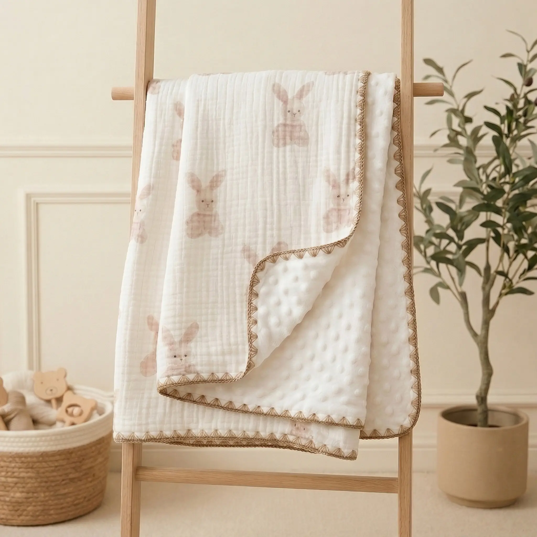 Reversible Baby Blanket with Bunny Print, Muslin Cotton & 3D Dotted Minky Backing, Large 40x40 in for Newborns & Toddlers, Unisex Kid Bedding