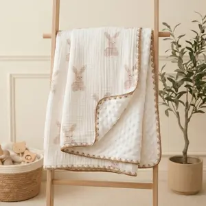 Cozy Muslin & Dotted Minky Backing Baby Blanket - 2-Layer Thick Cotton Swaddle & Receiving Blanket for Newborns and Toddlers, 40"x40", Cute Bunny Print