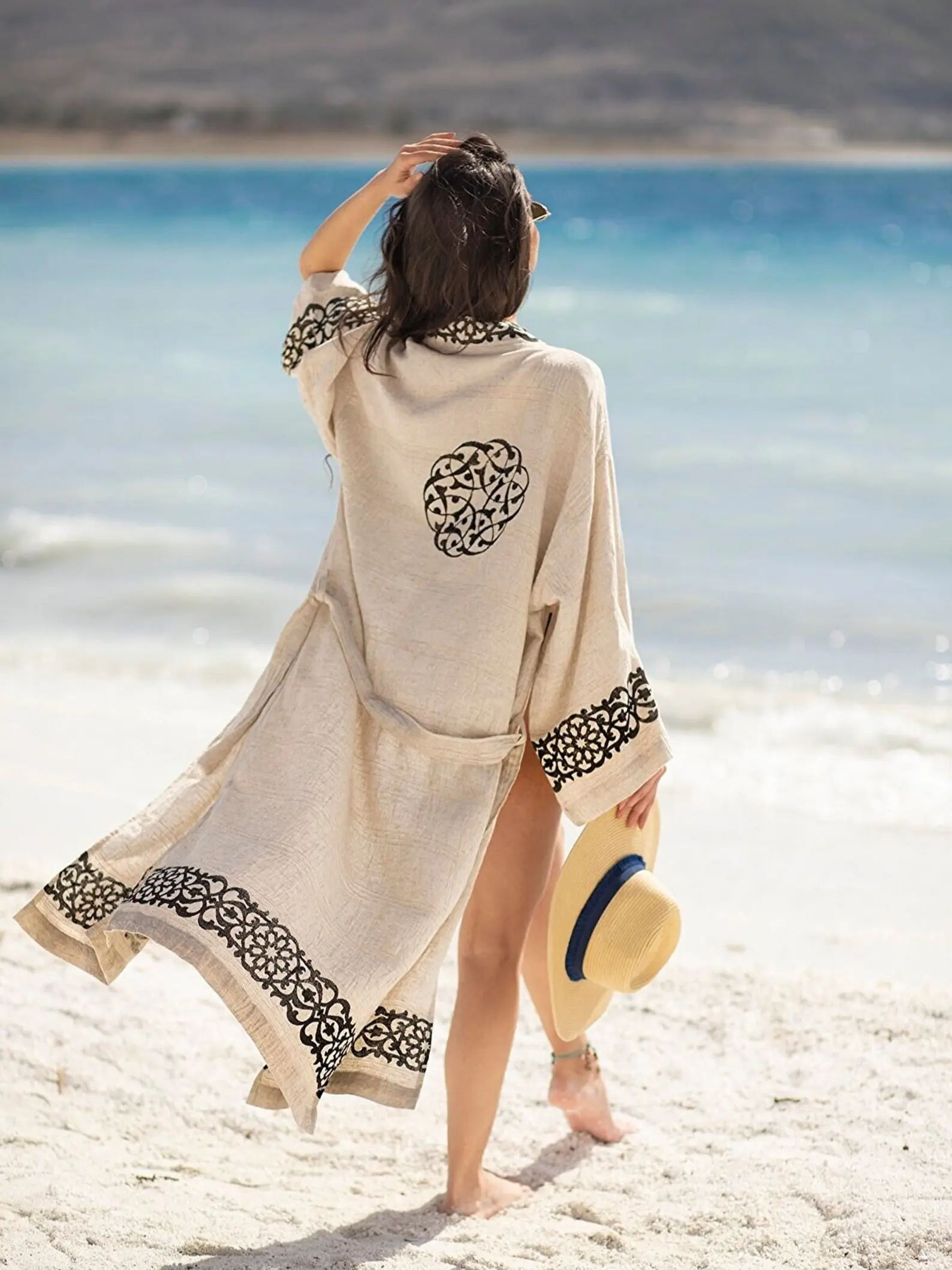 Handmade wood blocks printed on Organic Linen and Cotton Kimono - Dragon Beach Cover up - Spa Gift for her - Moms Gift - Luxury Gifts