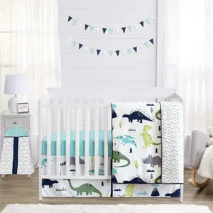 Navy Blue and Green Modern Dinosaur Baby Boys or Girls 4 Piece Crib Bedding Set for Mod Dino Collection
