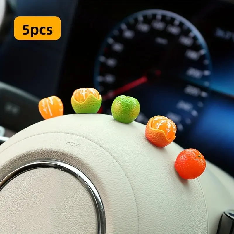 5-Pack Car Dashboard Fruit Shape Decorations, Adhesive Cute Ornaments for Rearview Mirror and Center Console, Fun Automotive Accessories