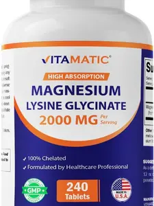 Vitamatic 100% Chelated Magnesium Glycinate Lysinate Dietary Mineral Supplement, 240 Tablets, 2000 MG, Supports Muscle Relaxation, Heart & Nerve Health, Non-GMO Mineral Supplements, GMO Free, Gluten & Soy Free