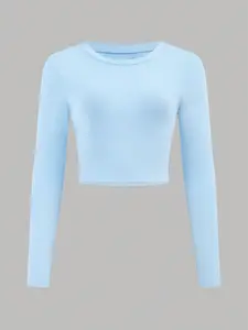 Women's Plain Round Neck Crop Tee, Casual Long Sleeve Crew Neck T-shirt for Daily Wear, Ladies Clothes for All Seasons Top