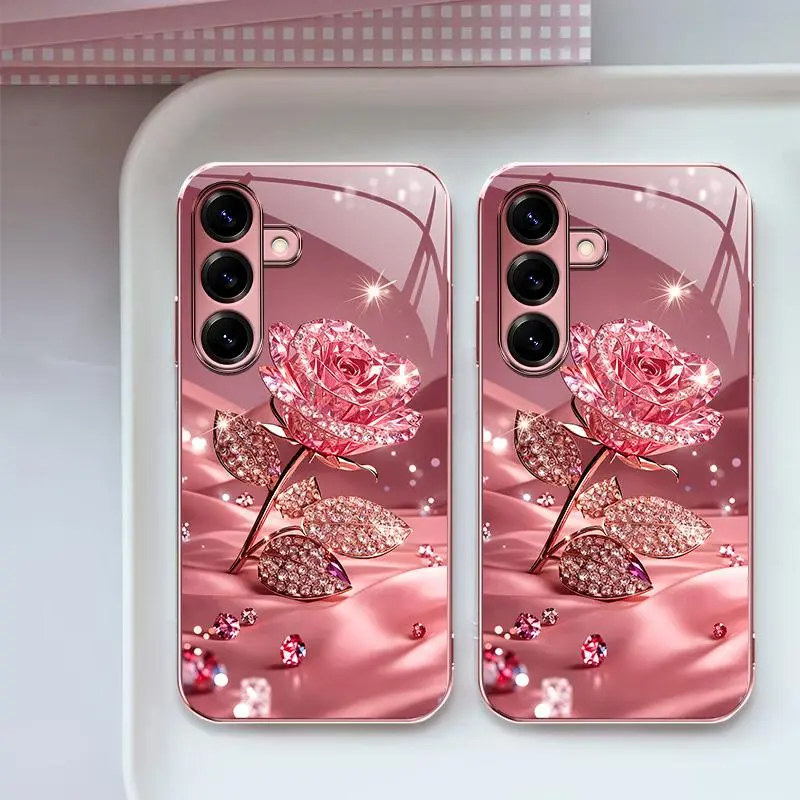 Suitable for [Galaxy S25 ] Aesthetic Electroplated Rose Pink Phone Case | Luxury Sparkling Crystal Rose Glass Cover | Cute Fashion Phone Accessories | JS996