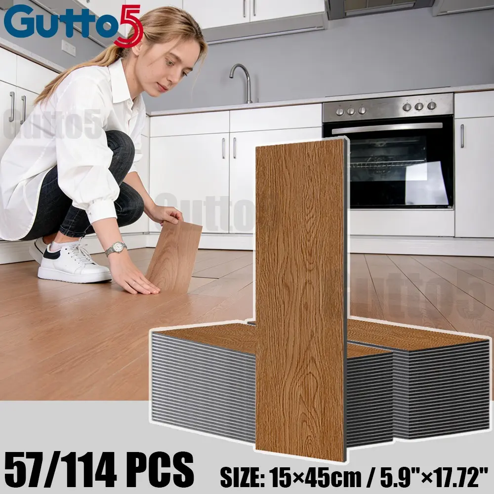 57pcs/114pcs boxed Gutto5, self-adhesive luxury retro wood grain flooring, Waterproof pvc flooring, suitable for DIY projects, peel and stick, suitable for kitchen, living room, office, easy to operate, Waterproof PVC Tiles