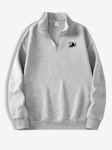 Lion Logo Fashion Print Zipper Stand Collar Sweater, Casual Street Style Pullover for Spring & Fall, Perfect Match for Trendy
