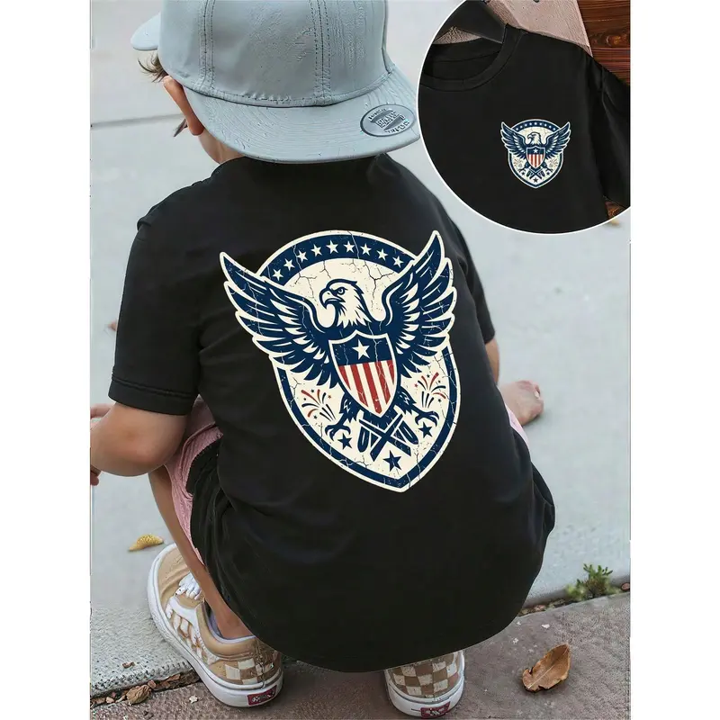 Boys American Eagle Shield Emblem Print Short Sleeve T Shirt Casual Patriotic Summer Top for Independence Day Daily Wear Outdoor Activities