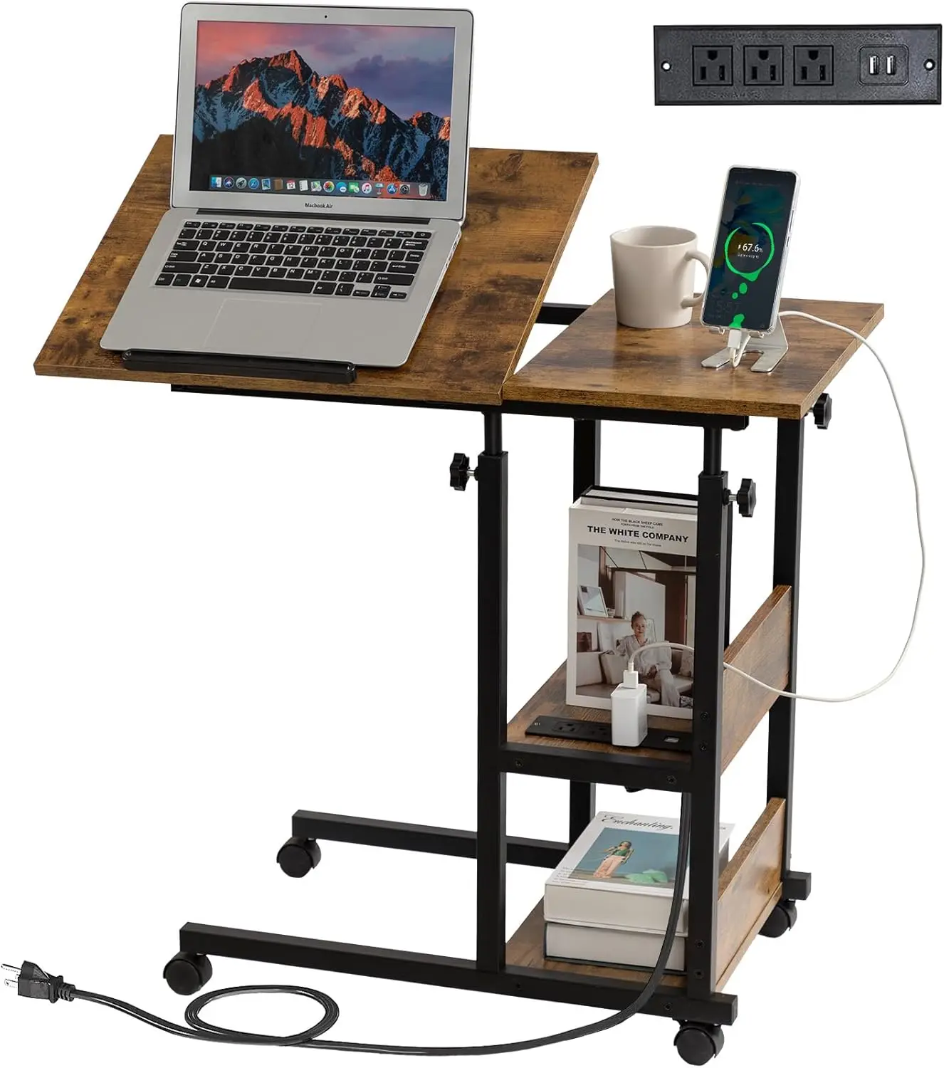 Adjustable C Table with Charging Station, Tiltable Desk C Shaped End Table for Couch, Over Bed Table with Wheels Adjustable Height, Hospital Table Laptop Stand Drawing Desk, Rustic Brown