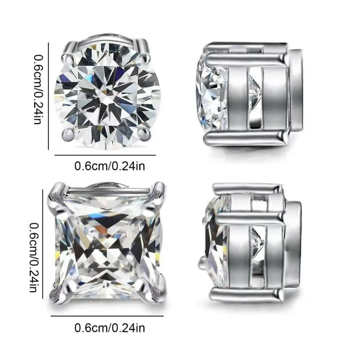 2 Pairs Rhinestone Stud Earrings Non Piercing Clip Stainless Steel for Men Women on Earrings 6-8MM