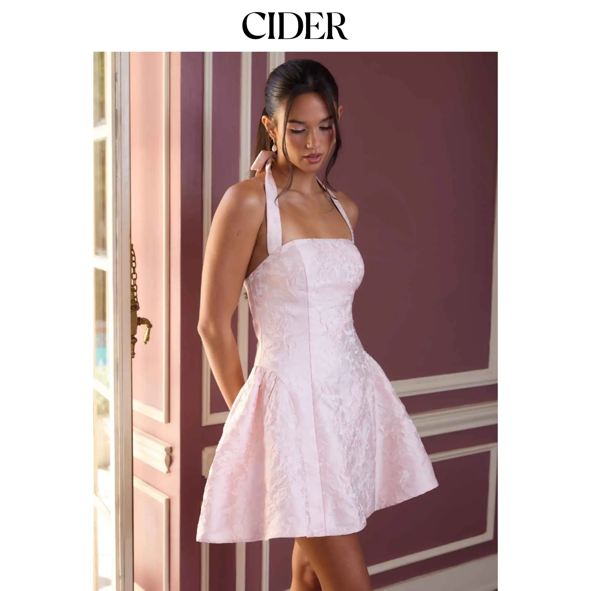 Cider Jacquard Halter Neckline Floral Bowknot Ruched Flared Mini Dress