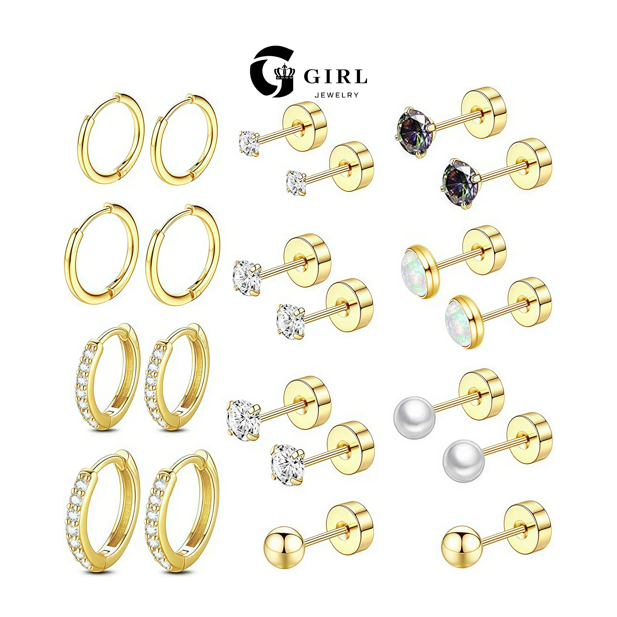 GGIRL 11 Pairs Earrings Set 18K Plated Stainless steel for Multiple Piercing Sensitive Ears Stainless steel Hypoallergenic Small Cartilage Huggie Hoop Artificial zirconium Earrings Chic Gorgeous Jewelry As Gift for Girlfriend, Elegant Minimalist Earring