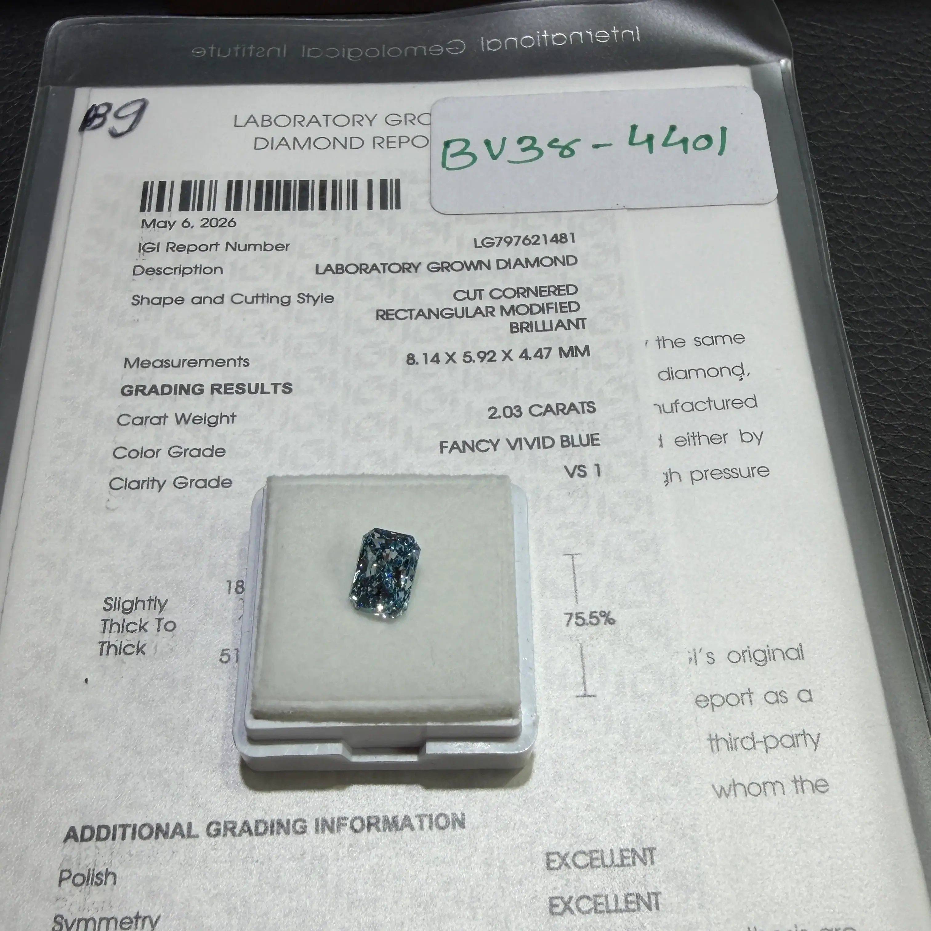 2.03ct Cut Cornered Rectangular Modified Brilliant Lab Grown Diamond (Fancy Vivid Blue, VS1, IGI Certified)