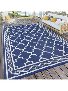【Christmas Gift】Dark blue and white-10*20 feet  Waterproof Outdoor Area Rug Modern Plastic Straw Camping Stain Resistant Carpet Geometric Reversible Floor Mat UV-Resistant Light Weight Portable  Indoor Outdoor Area Rug For Backyard Deck Picnic Porch