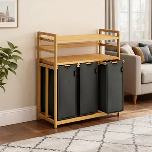 Bamboo Shelf With Laundry Hamper, 2-layer, 3 Compartment Organizer, Wooden Sorter with Sliding, Eco-Friendly, Stylish Storage Solution for Home
