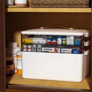 3-Layer Medicine Storage Box Cabinet, Empty First Aid Kit Portable Medical Supplies Storage Box with Leather Handle Household 3-Layer Medicine Storage Box
