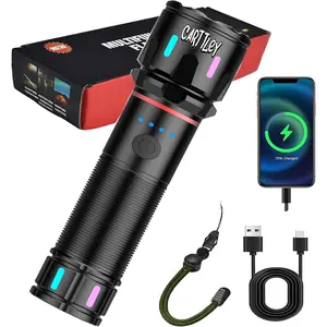 Rechargeable White Laser Super Battery Aluminum LED Flashlight,laser handheld flash light high lumen, Body Fluorescent Strip high Lumens,Tactical,5 Modes,Zoomable, Light Weight for Camping/Home/Outdoor Portable Usb emergency power outag survival supplies