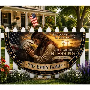 Patriotic Pride Outdoor Flag Featuring Jesus And Eagle With American Flag And Crosses In God We Trust As One Nation 250 Years Of Blessing 1776 2026 The Emily Family Personalized Design For Front Yard Display Durable Fade Resistant Easy To Install Fast Shi