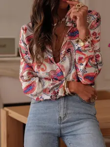 Women's retro bohemian floral paisley printed lapel long-sleeve shirt, Boho Button Up Front, loose and slim-fit versatile blouse for commuting, suitable for home, indoor and outdoor wear