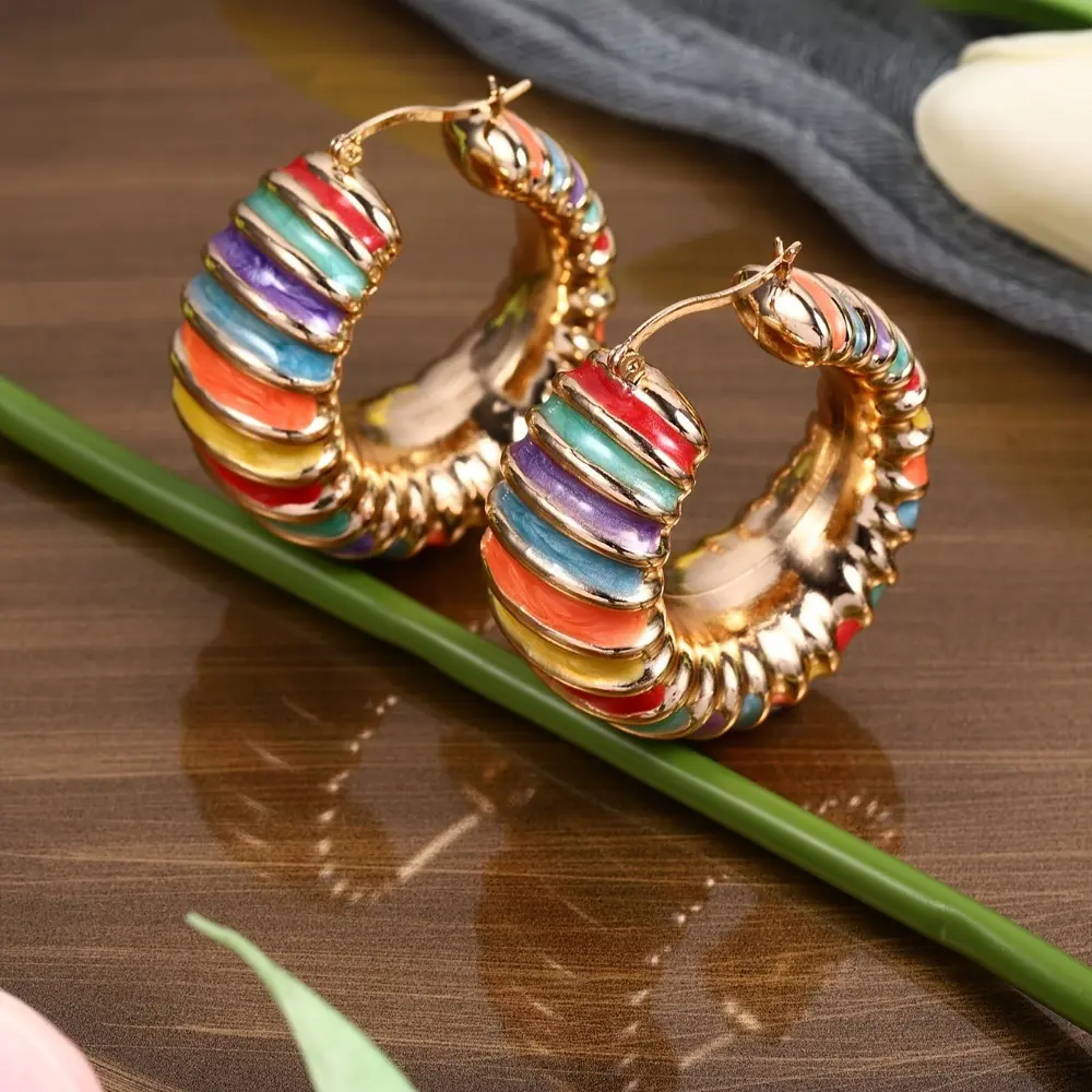 1 Pair of Colorful Striped Enamel Drop Earrings - Vintage & Elegant Rainbow Half-Hoop Design, High-Quality Unique Jewelry for Parties, Unisex Dropped Hoop