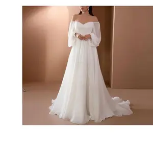 Off-Shoulder Wedding Party Long Sleeve Dress Solid Color Chiffon Maxi Dress Womenswear Comfort summer outfits chayce women's standing collar stretch white Minimalist Basic