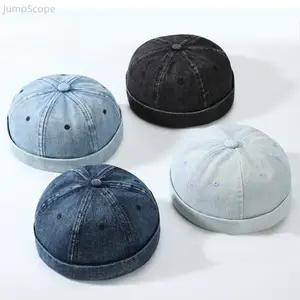 Unisex Adjustable Solid Color Cotton Denim Skullcap, Brimless Docker Sailor Beanie, Casual Outdoor Sports Versatile Headwear for Women