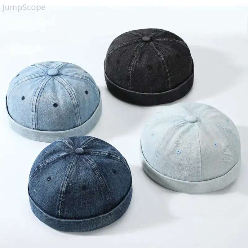 Unisex Cotton Denim Skullcap - Solid Medium Blue Brimless Docker Headwear, Adjustable Fit Style Sports & Outdoor Accessory for Casual Outdoor Activities