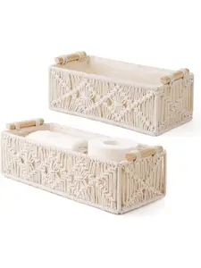 2pcs Macrame Storage Basket Boho Decor Baskets Cotton Rope Toilet Tank Basket With Liner, Hand Knitting Bathroom Decor Basket for Bedroom Livingroom Home 11.8x5.5inch