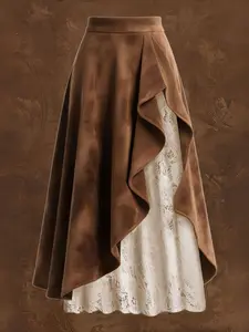 Women's Western Style Suede Lace Patchwork Fitted Skirt, Vintage Fashion Design, Perfect for Casual Wear & Special Occasions