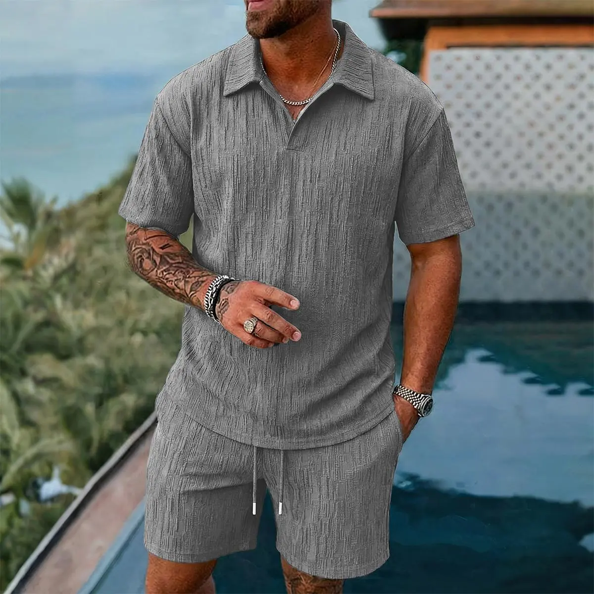 Men's 2-Piece Textured Shortsleeve Menswear Co-Ord Set - Navy Blue Crinkle Fabric Cuban Collar Polo Shirt, Elastic Waist Shorts, Breathable Casual Summer Beach Lounging Clothing