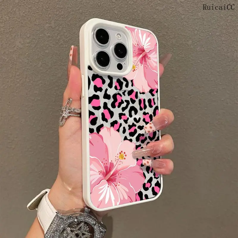 MagSafe Ready Pink Leopard & Hibiscus Blooms Aesthetic TPU iPhone Case - Customized, Shockproof, Anti-Fall, Ultra-Thin Protection Casing for iPhone 11/12/13/14/15/16 Pro Max/Plus, Everyday Use Accessories Cover, Resistance