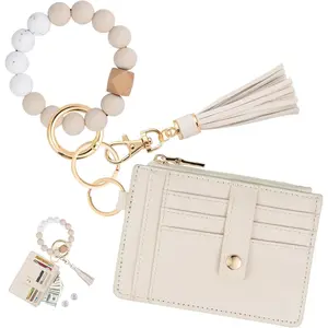 Wallet Keychain Wristlet for Women,Slim RFID Credit Card Holder Purse Tassel Keychain Bangle Key Ring for Men Women