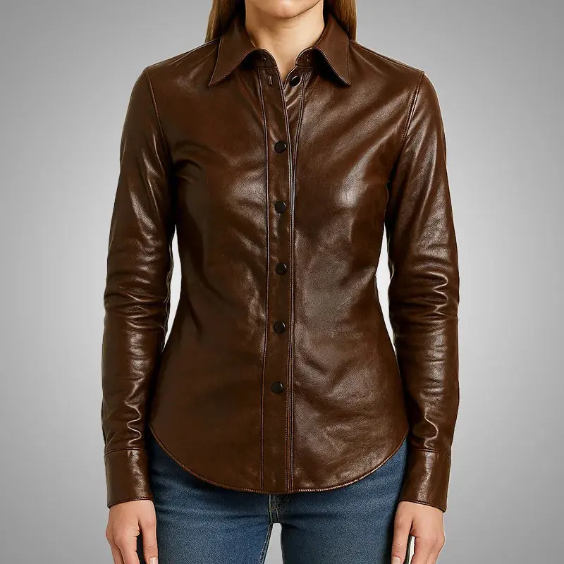 Women's Button Down Lambskin Leather Shirt - Dark Walnut