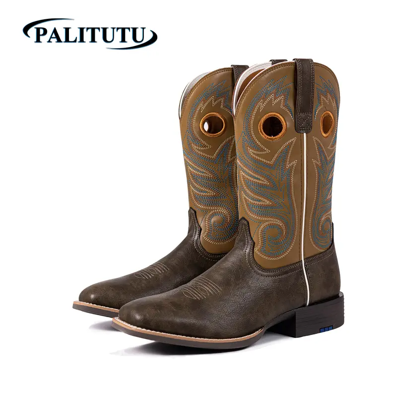 【 Cowboy Boots for Men】Palitutu,Hand embroidery,Boots for men,Cowboy boots men cowgirl boots,Soft PU Leather, Comfortable Slip-On Walking Boots, Casual Fashion Footwea,Tik Tok Shop