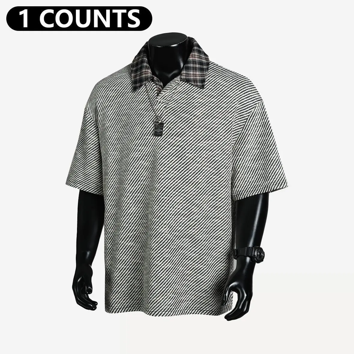 Men's Retro Striped Polo Shirt, Plaid Collar Short Sleeve Top, Vintage Textured Casual T-Shirt, Preppy Style Streetwear Loose Fit Top, Summer Fashion Breathable Golf Shirt for Men
