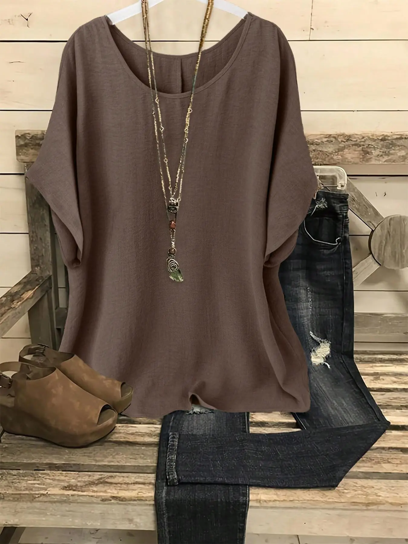 [Plus Size] Batwing Sleeve Round Neck Top, Loose Fit Casual Minimalist Women's Blouse Shirts, Summer Fashion, Comfortable Daily Wear, Stylish Design, Casual Trendy Shirt, Casual Basic Top, Casual Daily Tops