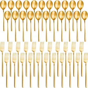 48 Pcs Forks and Spoons Set for 24, Stainless Steel Mirror Polished Flatware Cutlery, 6.5 Inch Forks 7.3 Inch Spoons for Home Kitchen Restaurant, Dishwasher Safe(Gold)