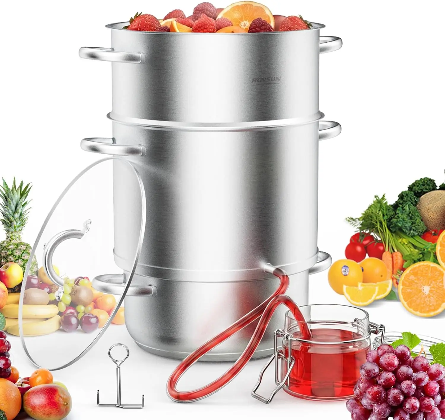 ROVSUN 11 Quart Juice Steamer Stainless Steel, Extractor Fruit Vegetables Juicer Steamer Pot, w/Tempered Glass Lid Clamp, Hose, Ideal for Making Juice, Jelly, Sauces