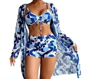 Women's Tie Bralette Bikini with High Waisted Swim Shorts and Matching Cover Up, Abstract Print Two Piece Swimsuit in Pink Purple Green, Trendy Vacation Beachwear Bathing Suit Set, Women's Swimwear, Bathing Suit for Women, Bikini Set